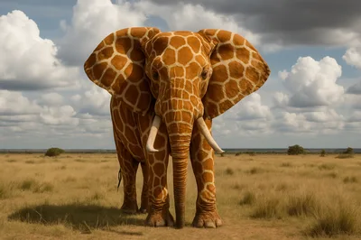 Surreal Giraffe Patterned Elephant Standing In African Savanna