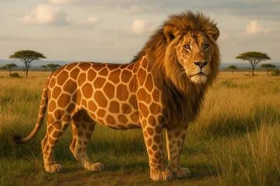 Surreal Hybrid Lion With Giraffe Pattern In African Savanna