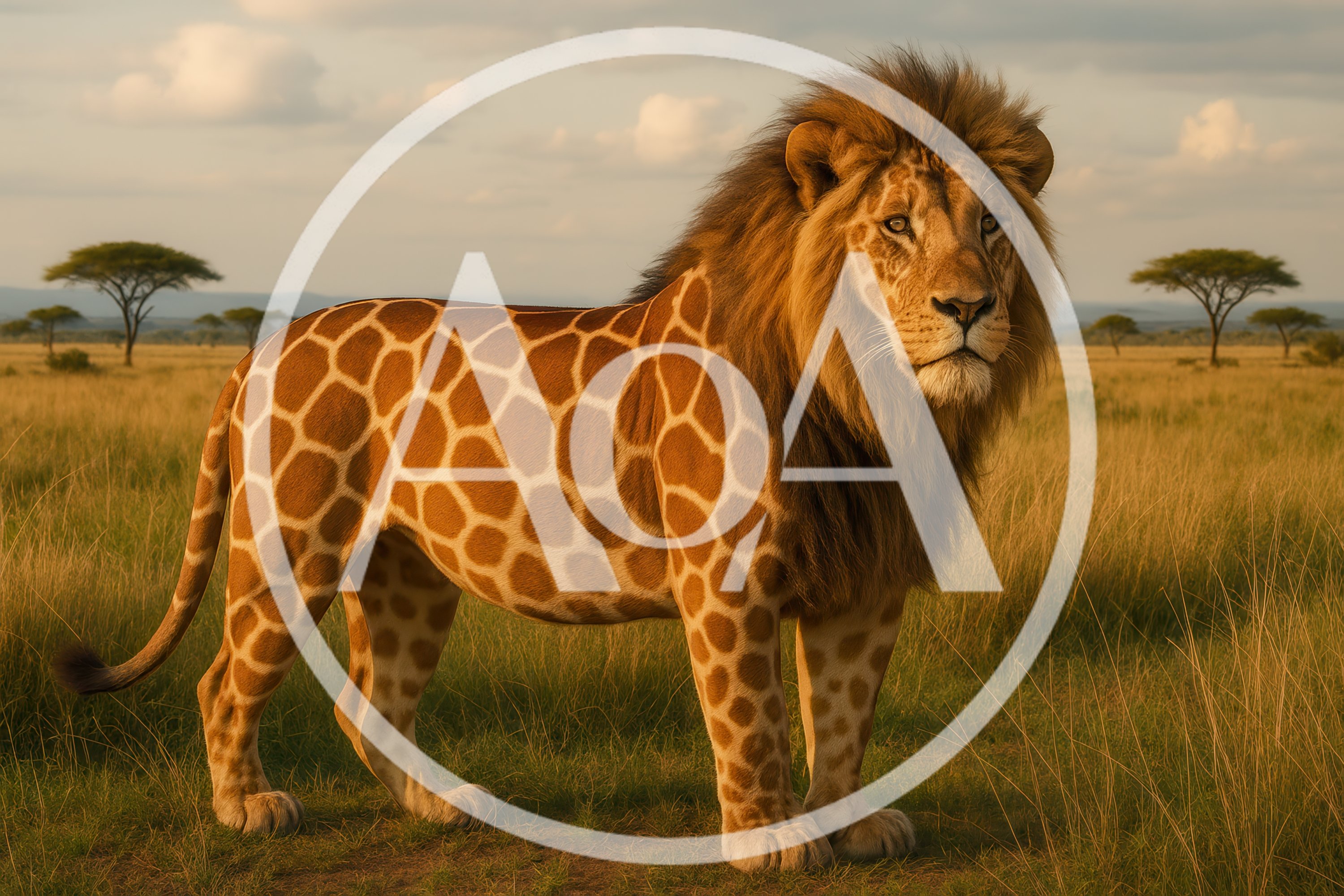 Surreal Hybrid Lion With Giraffe Pattern In African Savanna