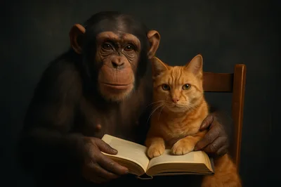 Chimpanzee Reading A Book With An Orange Cat