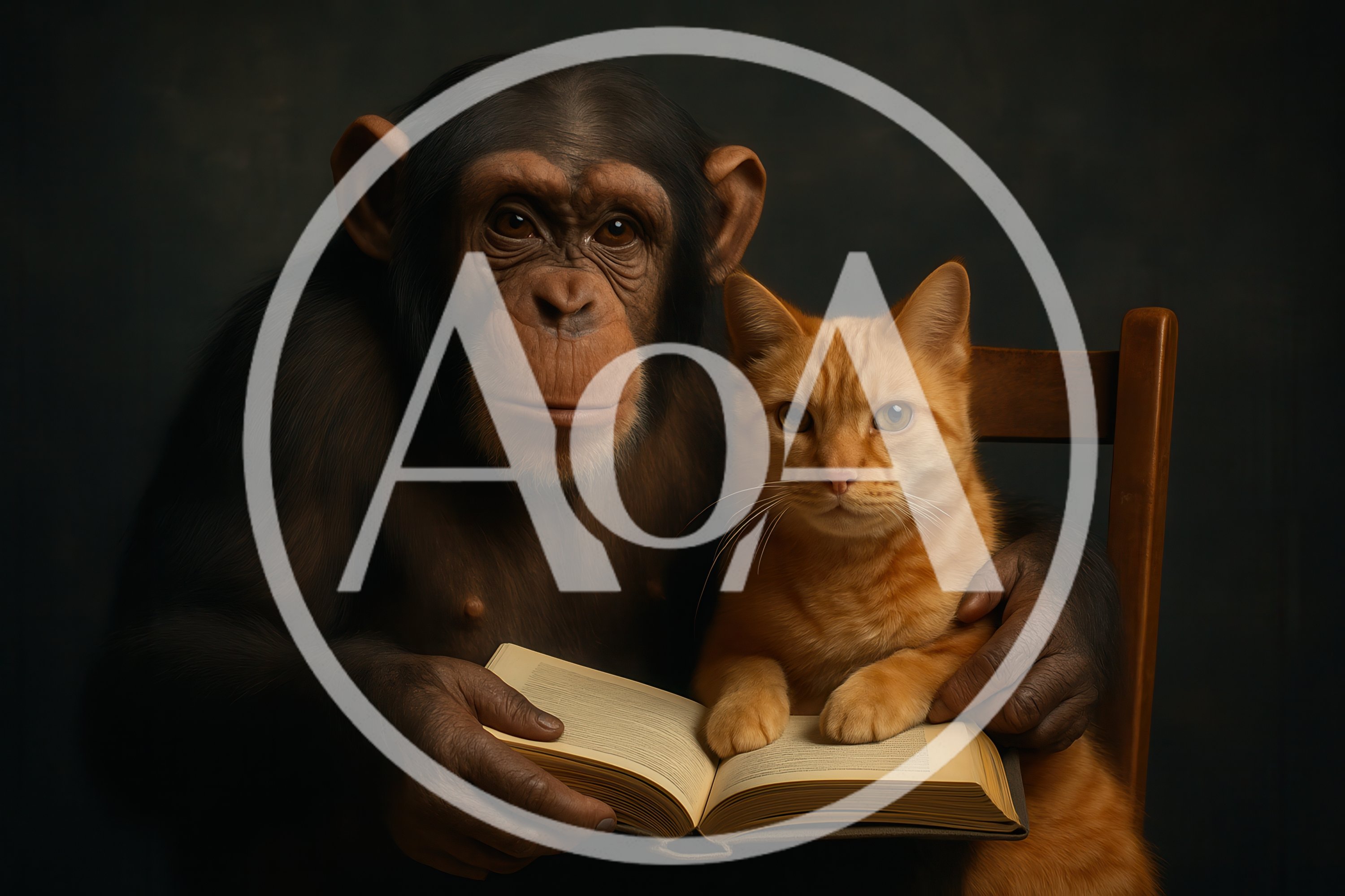 Chimpanzee Reading A Book With An Orange Cat