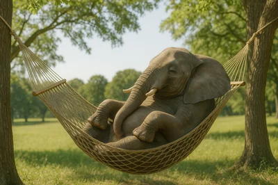 Elephant Resting Comfortably In A Garden Hammock