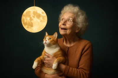 Elderly Woman Holding Cat Looking At Glowing Moon