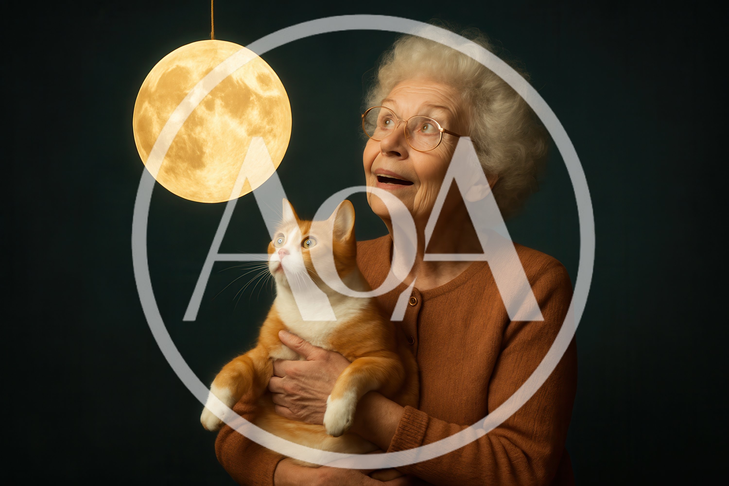 Elderly Woman Holding Cat Looking At Glowing Moon