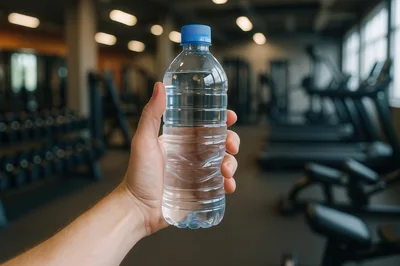 Hand Holding A Plastic Water Bottle In A Gym