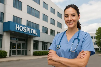 Female Nurse Standing Outside Hospital Building