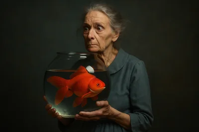 Elderly Woman Holding A Large Goldfish In A Bowl