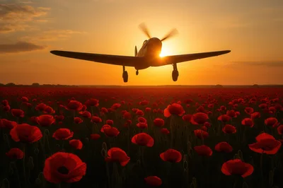 Vintage Propeller Airplane Flying Over A Poppy Field
