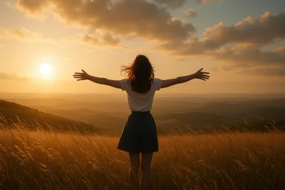 Woman Standing With Arms Outstretched In Golden Field