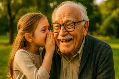 Young Girl Whispering A Secret To Her Grandfather