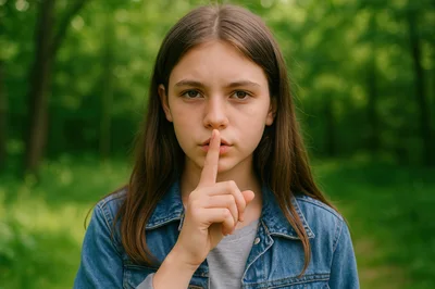 Young Girl Making A Quiet Gesture In The Forest