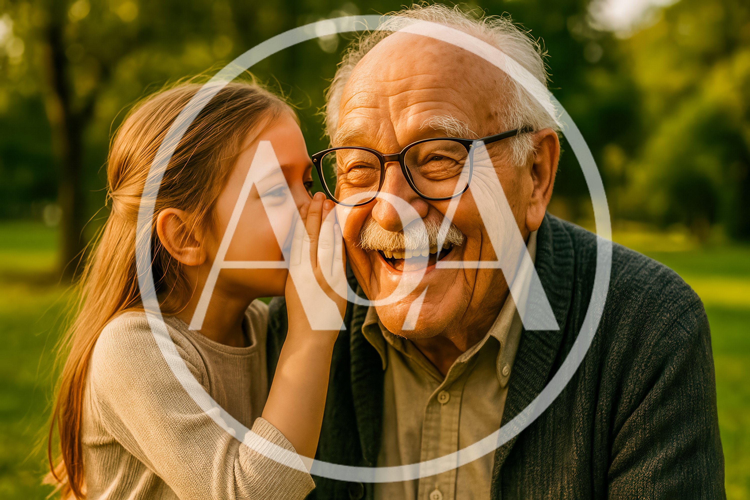 Young Girl Whispering A Secret To Her Grandfather