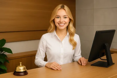 Friendly Hotel Receptionist Smiling At Front Desk
