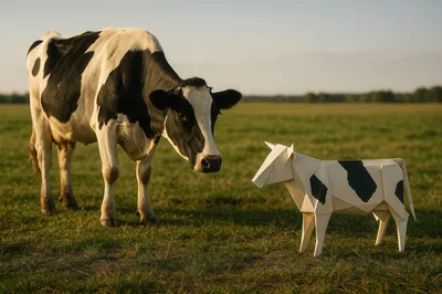 Real Cow Standing Beside An Origami Paper Cow