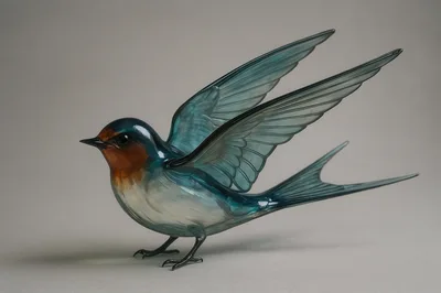 Glass Swallow Figurine With Translucent Blue Wings