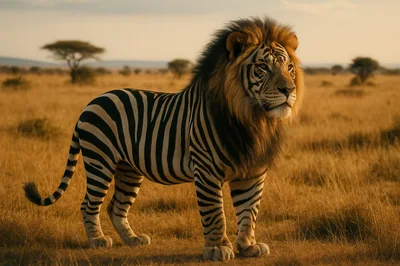 Surreal Hybrid Creature With Lion Head And Zebra Body