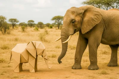 Real Elephant Encountering An Origami Paper Elephant