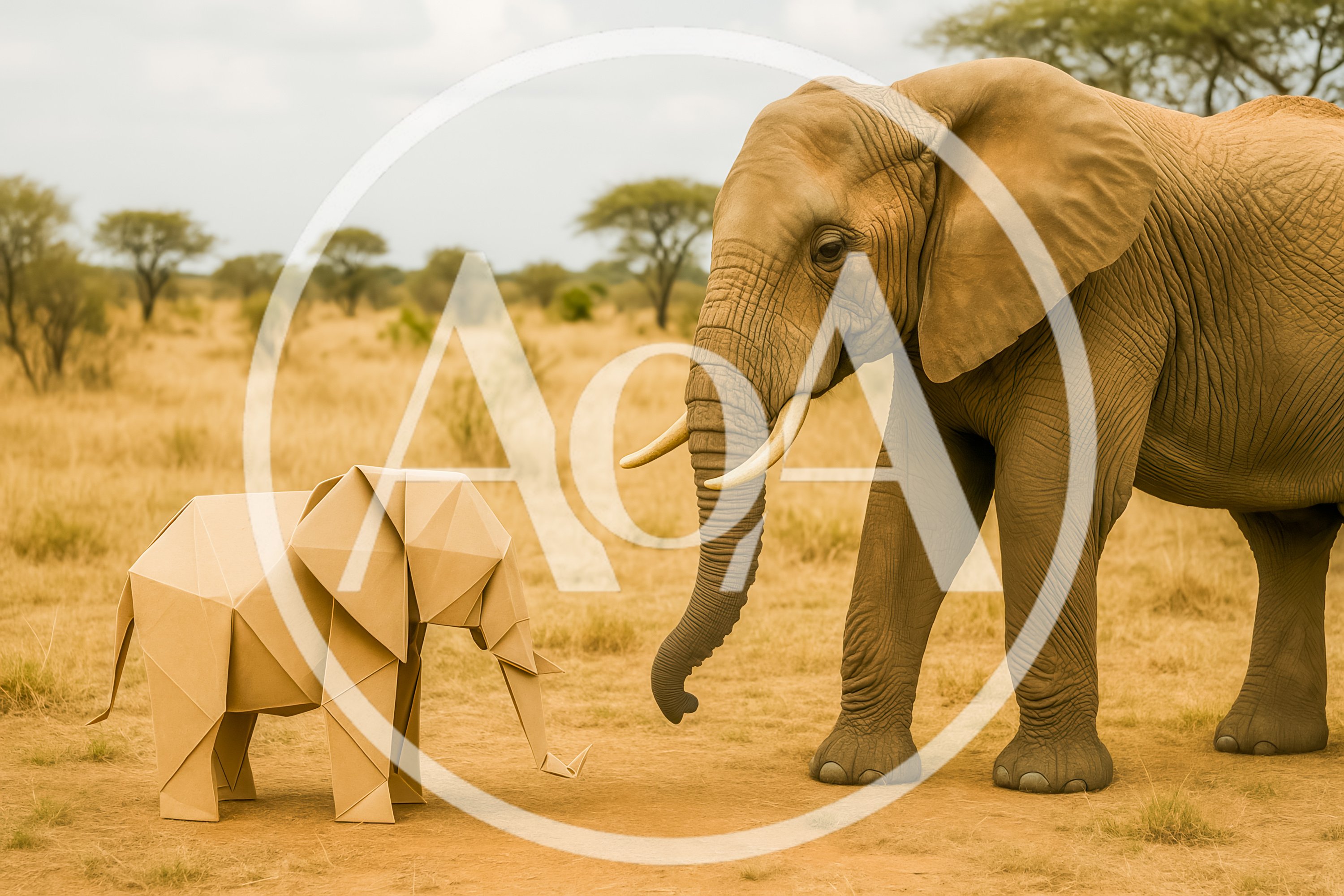 Real Elephant Encountering An Origami Paper Elephant