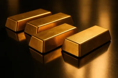 Four Polished Gold Bars On A Reflective Surface