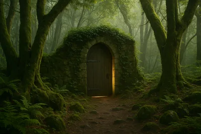 Ancient Stone Doorway In A Misty Mossy Forest