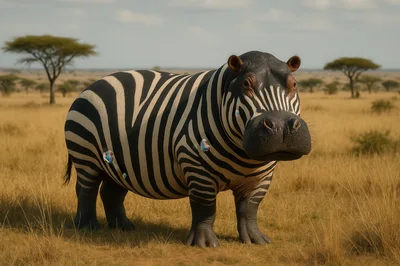 Surreal Hybrid Hippopotamus With Zebra Stripes In Savannah