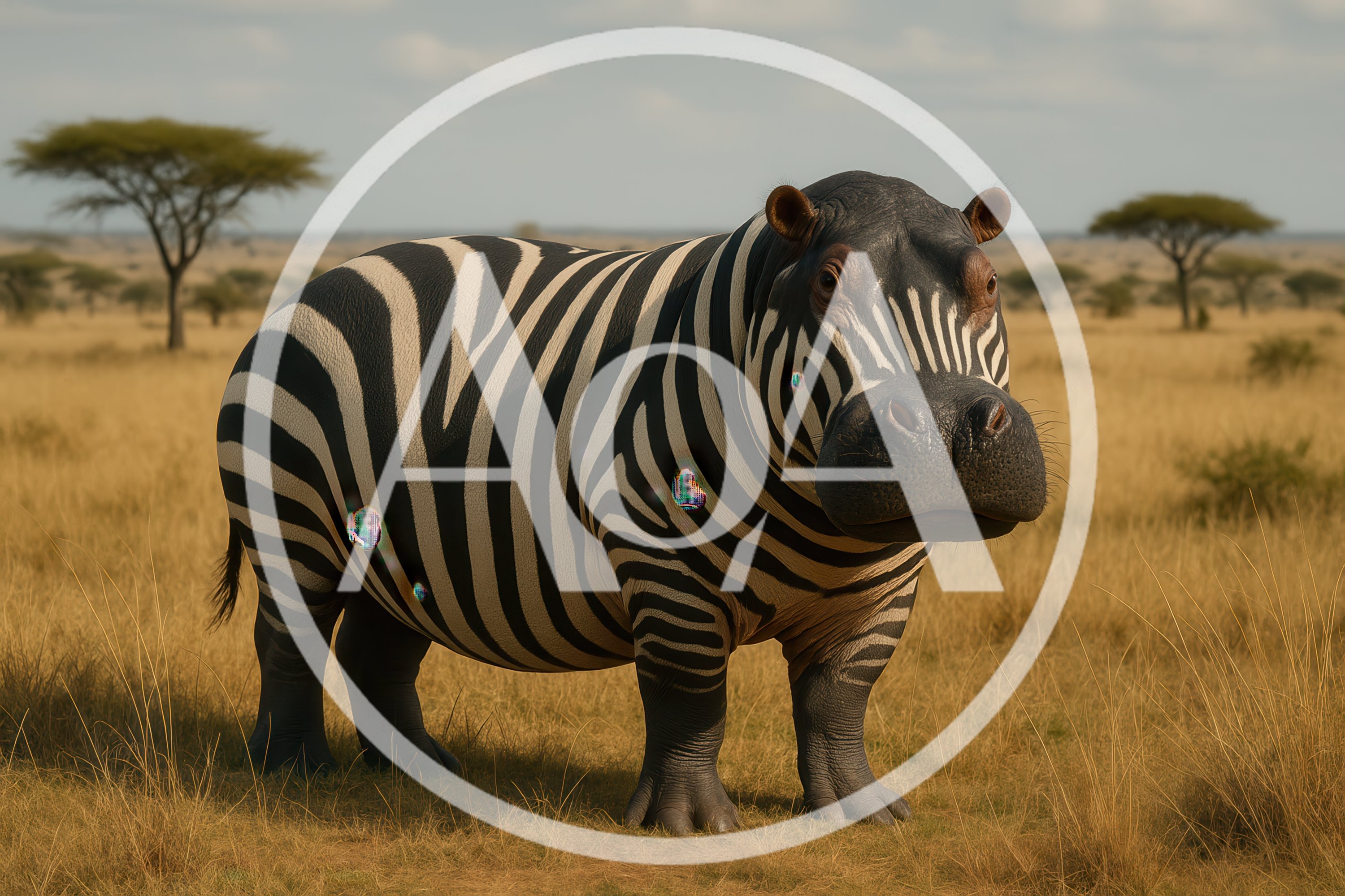 Surreal Hybrid Hippopotamus With Zebra Stripes In Savannah