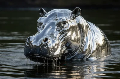 Metallic Chrome Hippopotamus Emerging From Dark Water