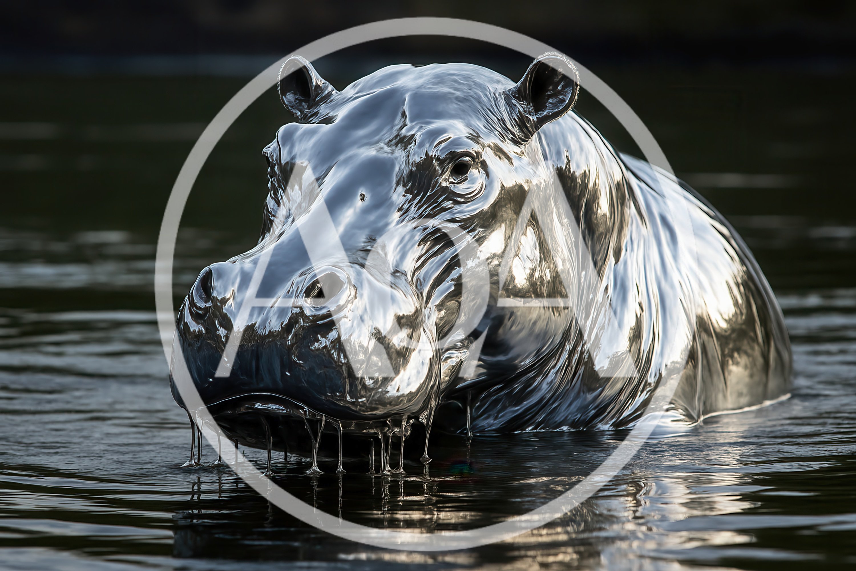 Metallic Chrome Hippopotamus Emerging From Dark Water