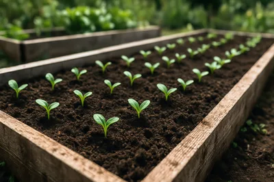 Young Seedlings Growing In A Wooden Garden Bed