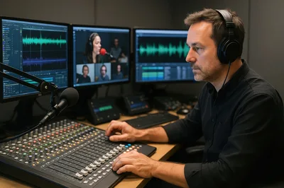 Professional Audio Engineer Working In A Radio Studio