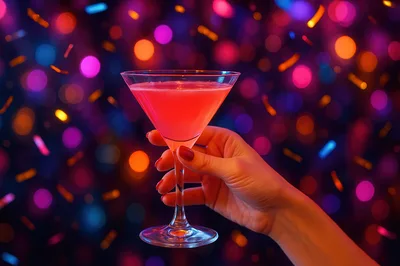 Hand Holding A Pink Martini Glass At A Party