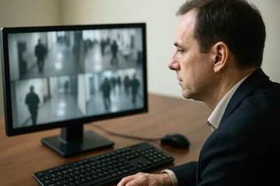 Security Guard Monitoring Surveillance Footage On Computer