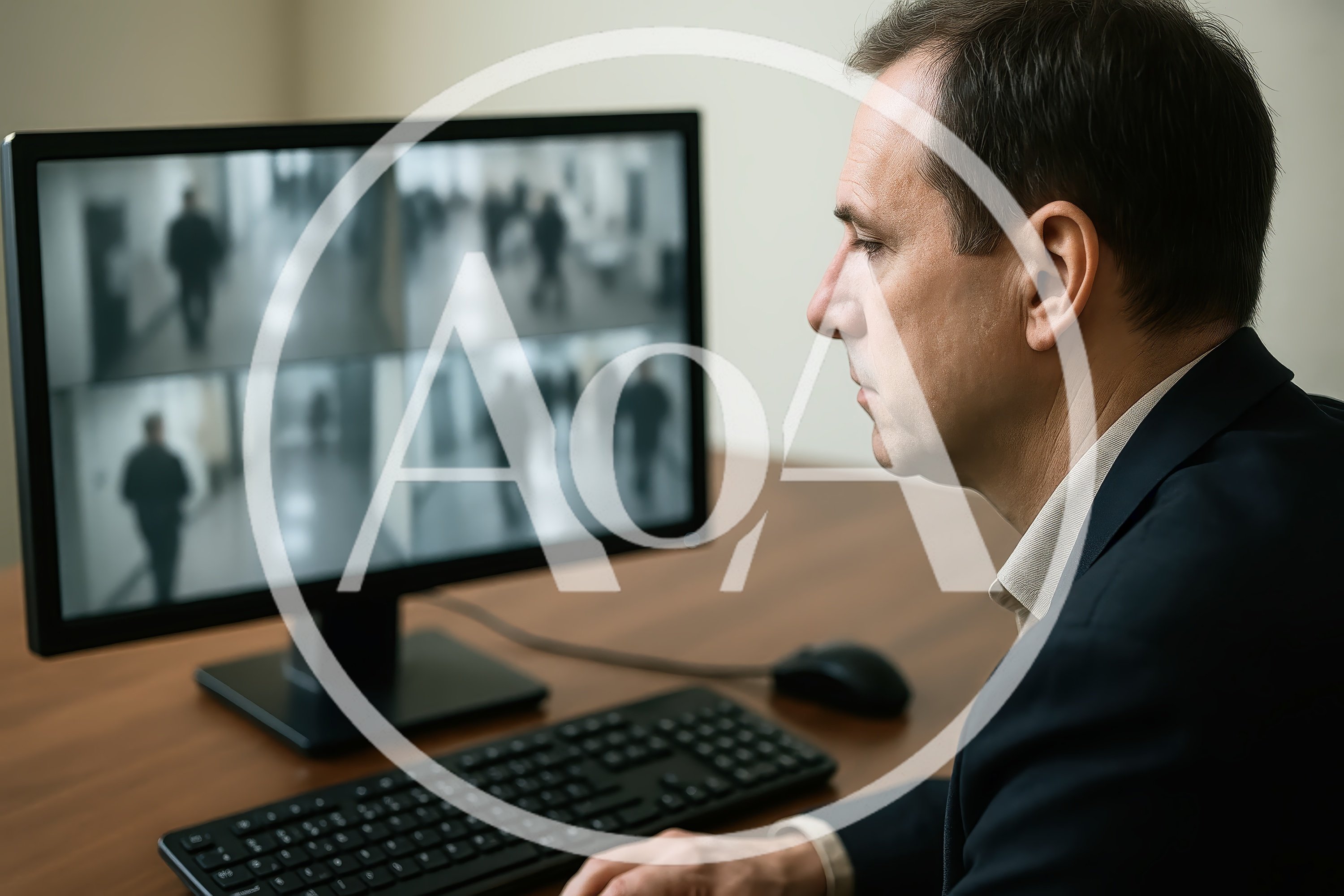 Security Guard Monitoring Surveillance Footage On Computer
