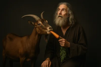 Elderly Man Feeding A Carrot To A Goat