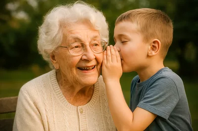 Young Boy Whispering A Secret To His Grandmother