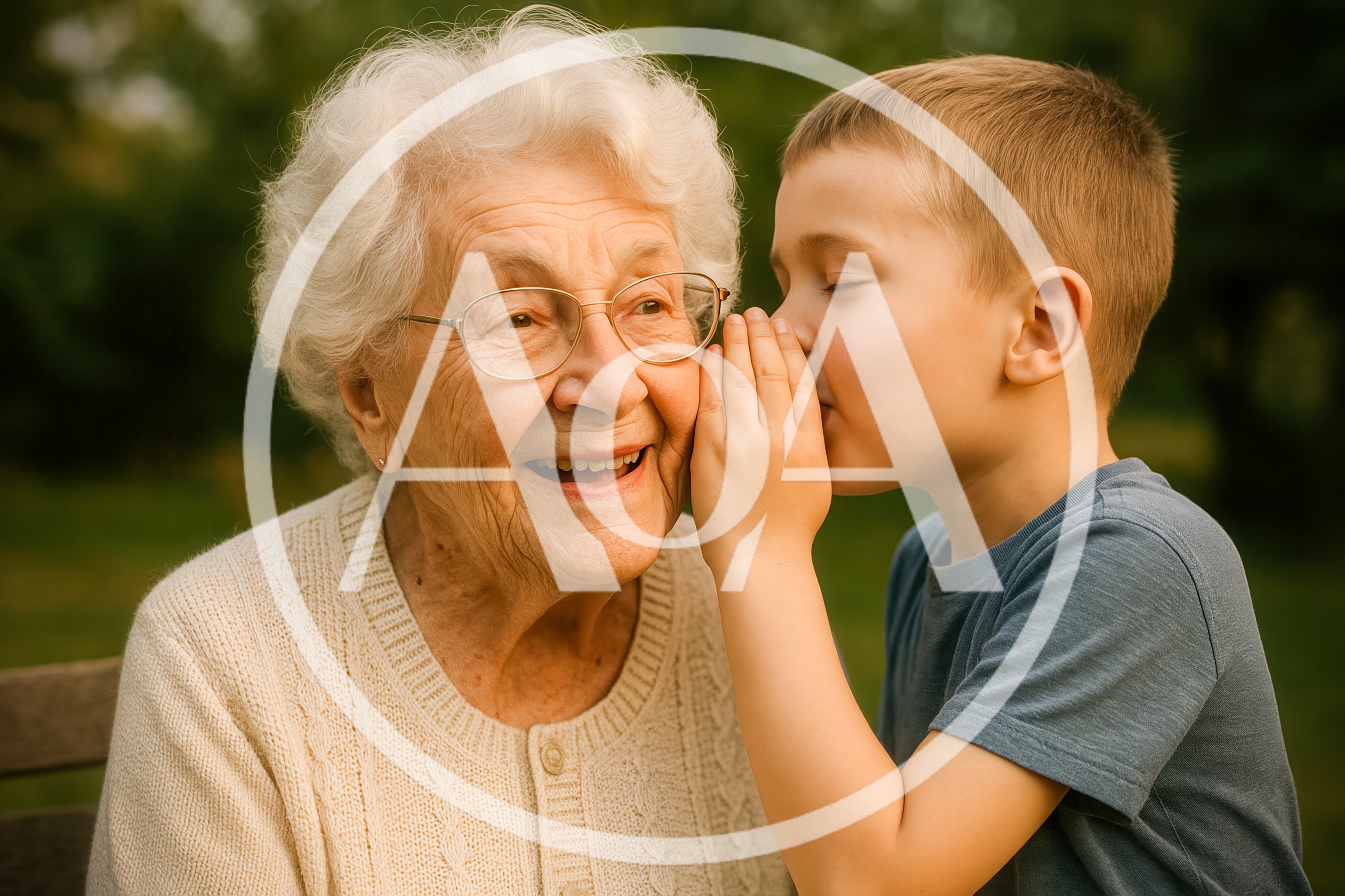 Young Boy Whispering A Secret To His Grandmother