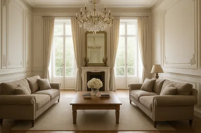Elegant Living Room With Symmetrical Sofas And Chandelier