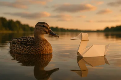 Real Mallard Duck Swimming Beside Origami Paper Duck