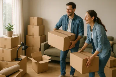 Happy Couple Moving Into New Home With Cardboard Boxes