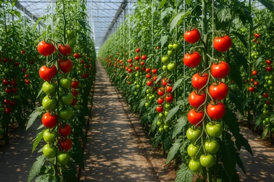 Rows Of Ripe Tomatoes Growing In A Greenhouse