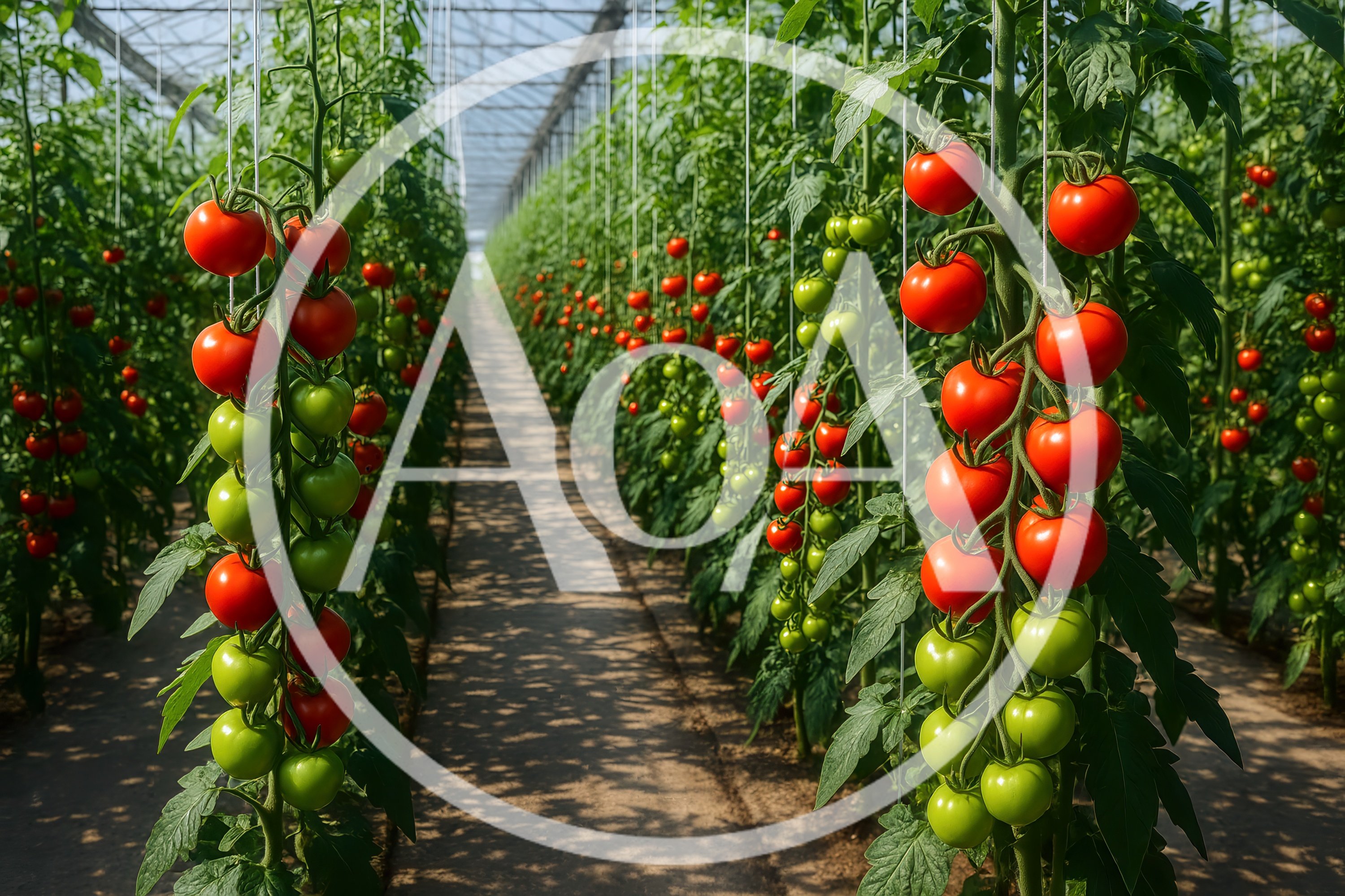 Rows Of Ripe Tomatoes Growing In A Greenhouse