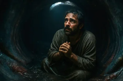 Man Praying Inside A Dark Cavernous Space
