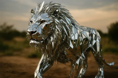 Mirrored Geometric Lion Sculpture Standing In African Savanna