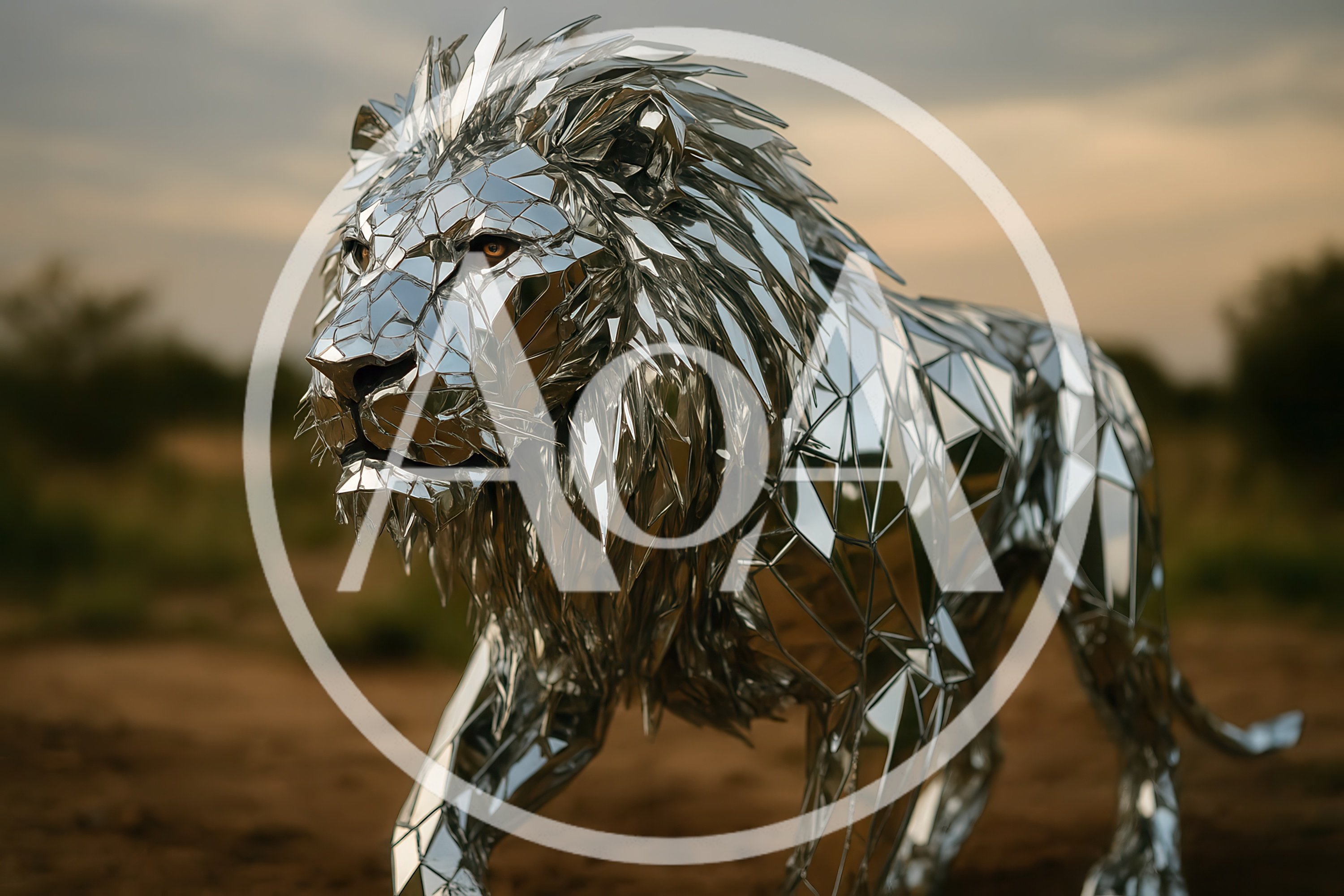Mirrored Geometric Lion Sculpture Standing In African Savanna