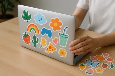 Person Decorating Laptop With Colorful Stickers