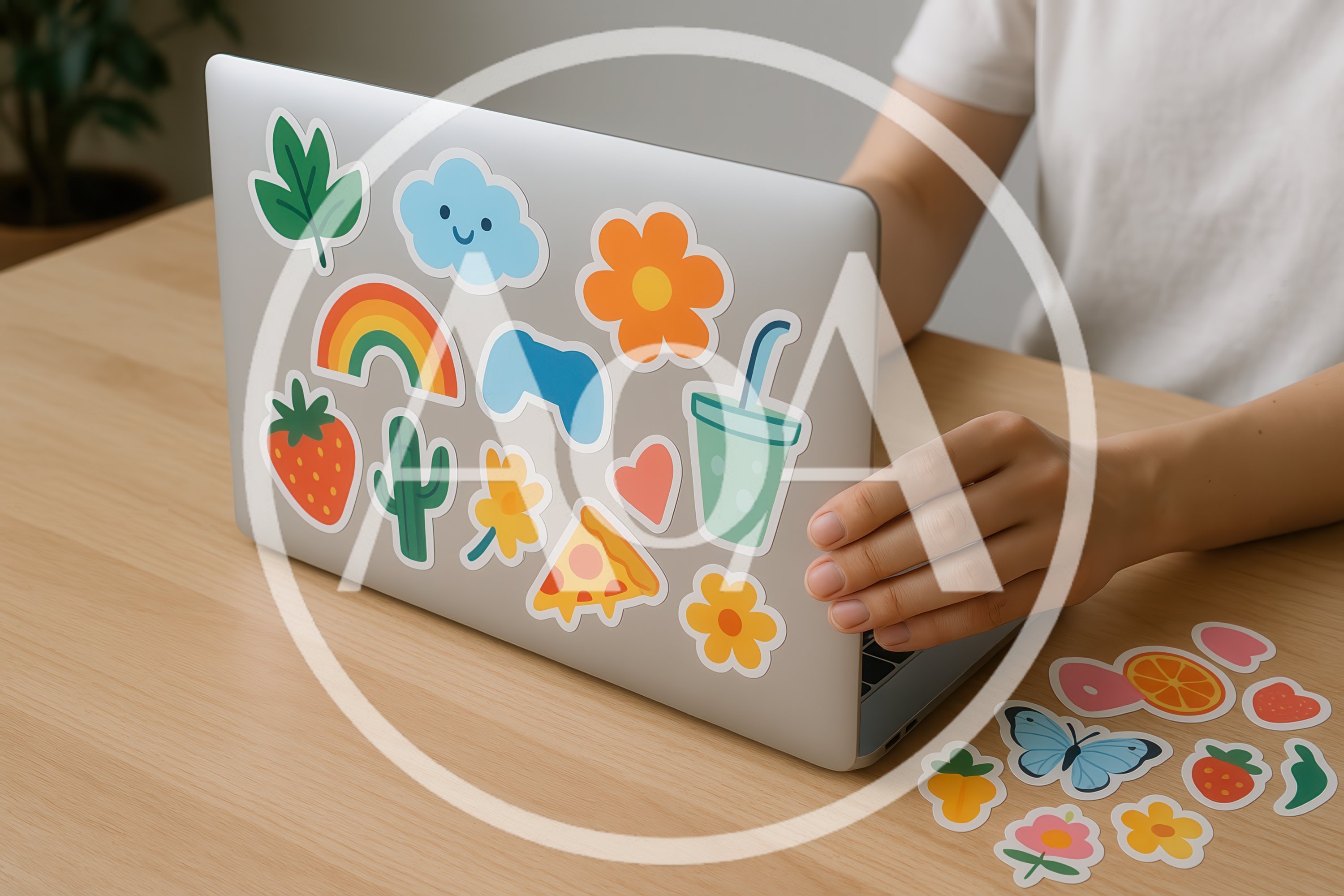 Person Decorating Laptop With Colorful Stickers