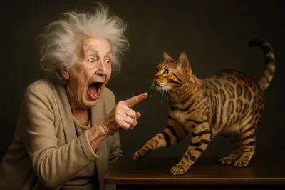 Elderly Woman Scolding Her Bengal Cat