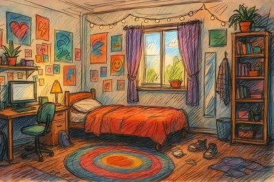 Cozy Bedroom Interior With Hand Drawn Sketch Style