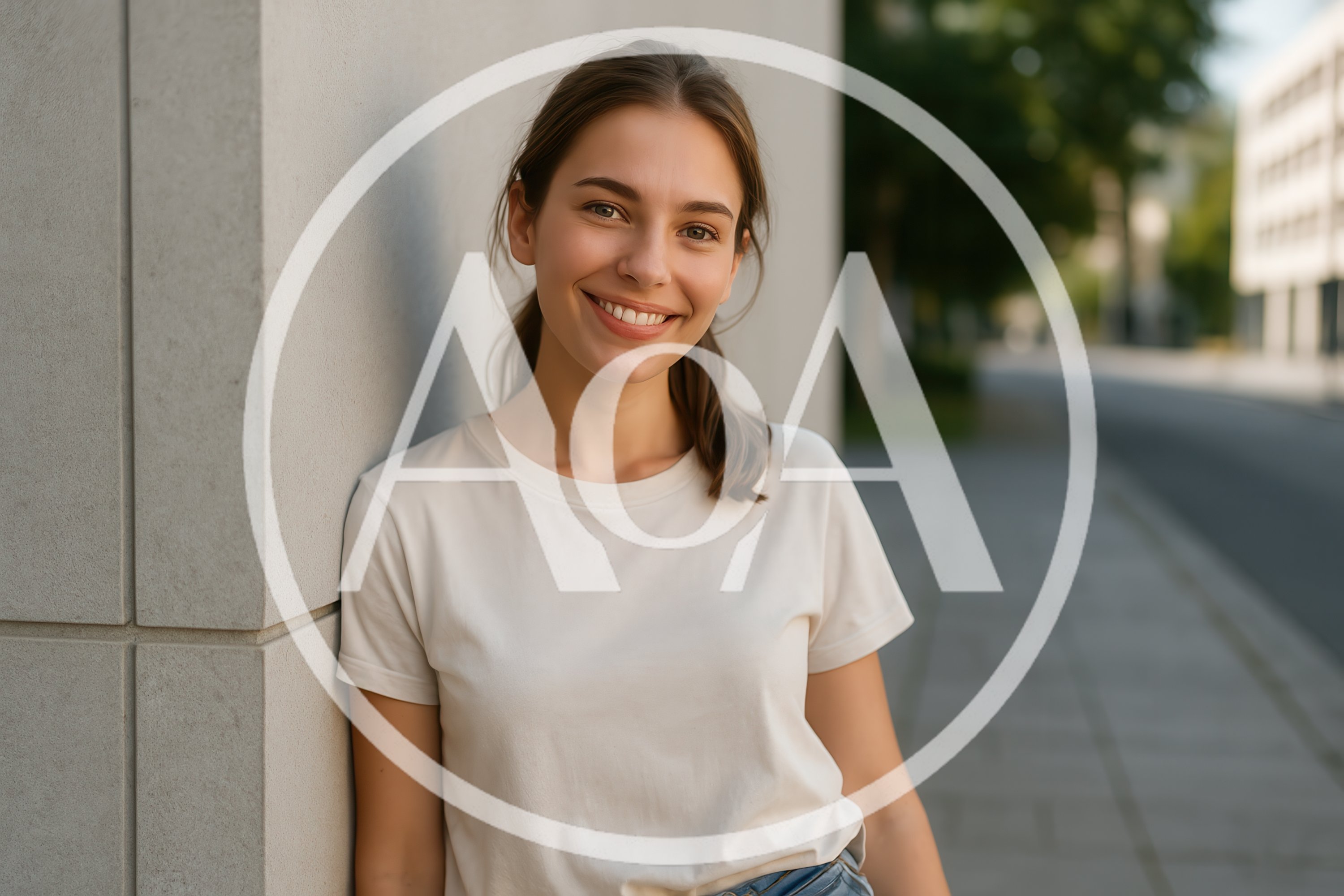 Smiling Young Woman Leaning Against A Concrete Wall