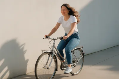 Happy Young Woman Riding A Bicycle Outdoors